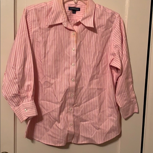 NEW LANDS-END STRIPED POPLIN BUTTON DOWN SHIRT CAREER BLOUSE CANDY PASTEL POLO - Picture 1 of 5